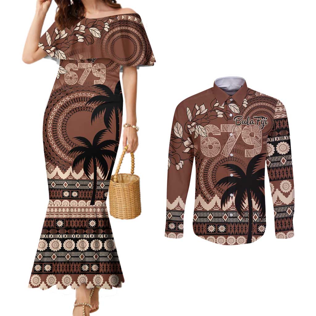 Personalised Bula Fiji 679 Couples Matching Mermaid Dress and Long Sleeve Button Shirt Fijian Tagimoucia Masi Tapa Art