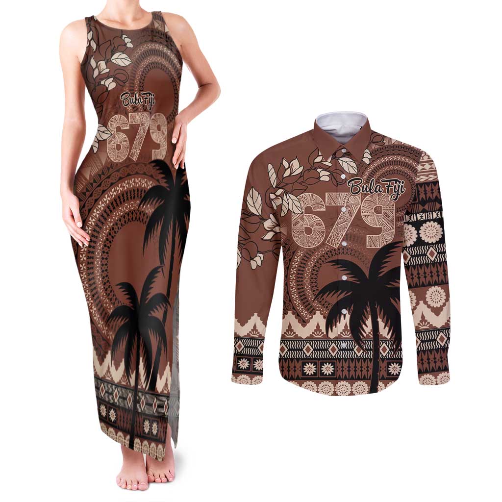 Personalised Bula Fiji 679 Couples Matching Tank Maxi Dress and Long Sleeve Button Shirt Fijian Tagimoucia Masi Tapa Art