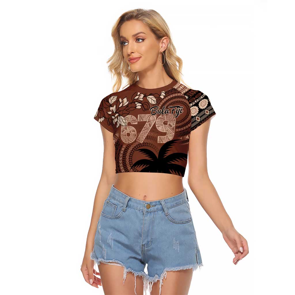 Personalised Bula Fiji 679 Raglan Cropped T Shirt Fijian Tagimoucia Masi Tapa Art LT9 Female Brown - Polynesian Pride