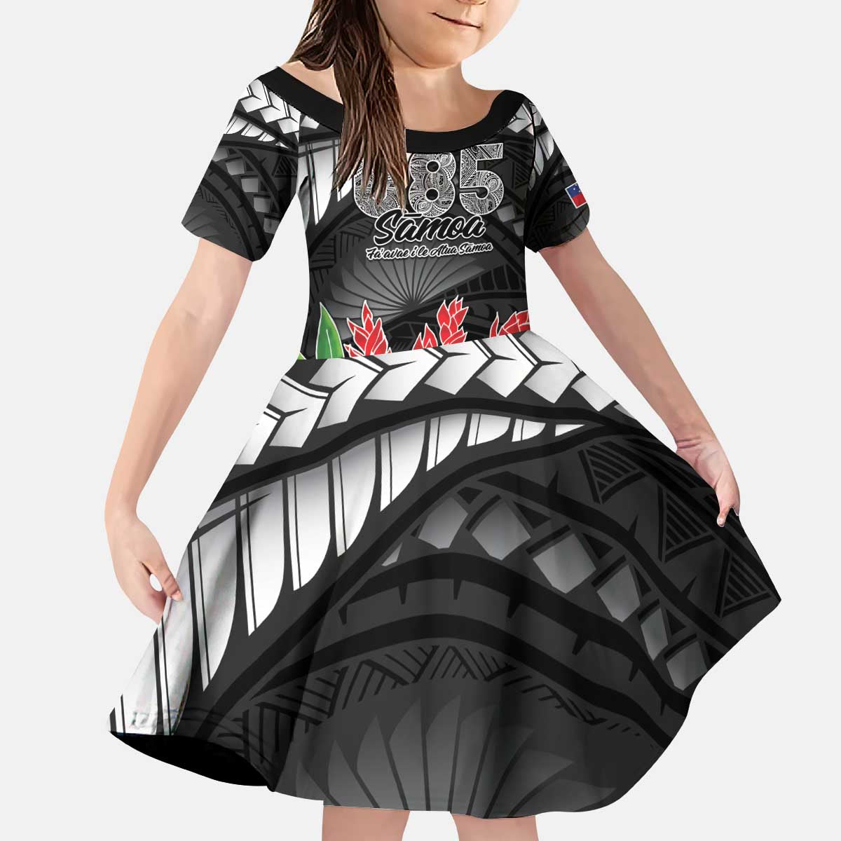 Personalised Samoa 685 Kid Short Sleeve Dress Teuila Flower With Black Samoan Tattoo LT9 KID Black - Polynesian Pride