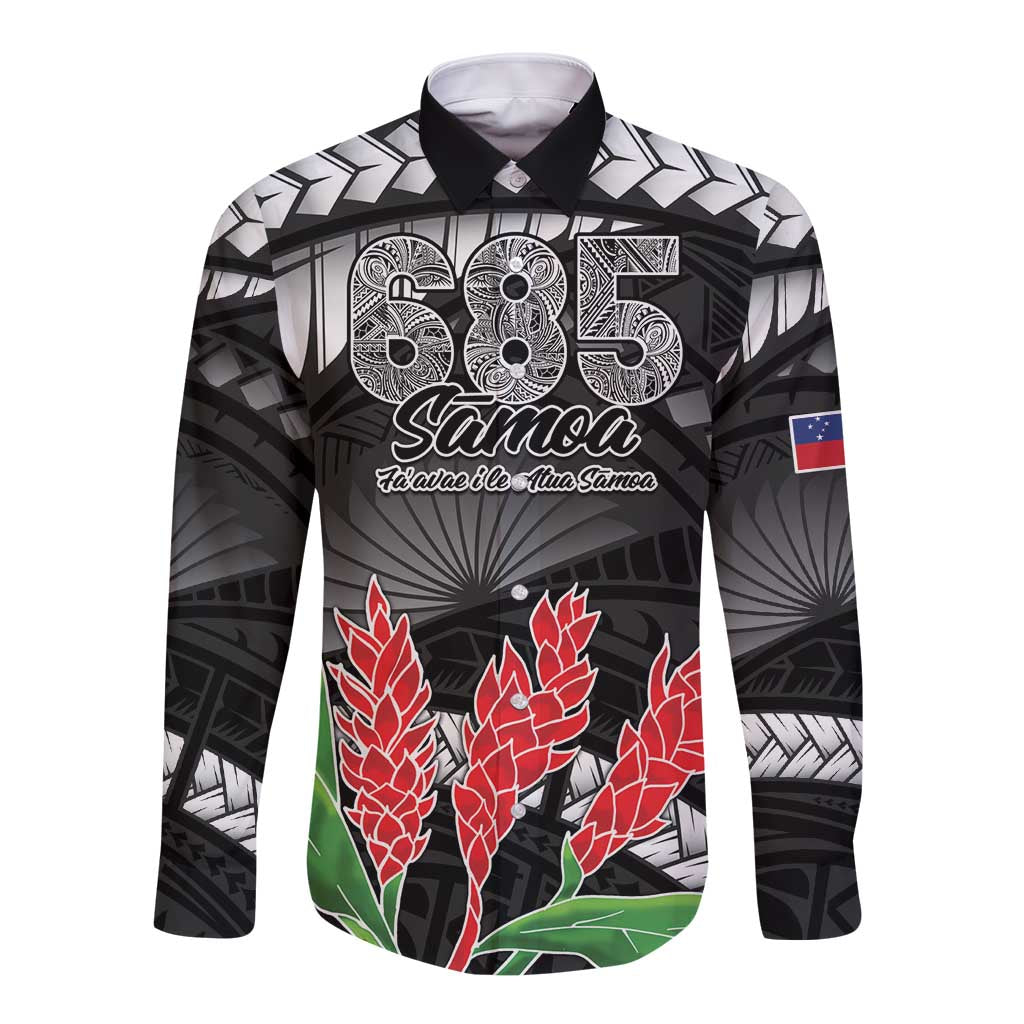 Personalised Samoa 685 Long Sleeve Button Shirt Teuila Flower With Black Samoan Tattoo LT9 Unisex Black - Polynesian Pride