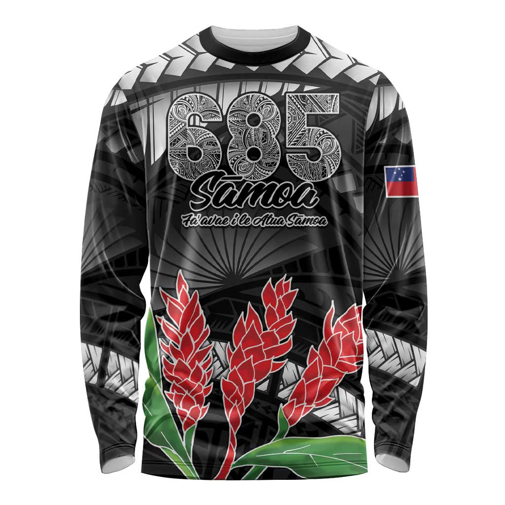 Personalised Samoa 685 Long Sleeve Shirt Teuila Flower With Black Samoan Tattoo LT9 Unisex Black - Polynesian Pride