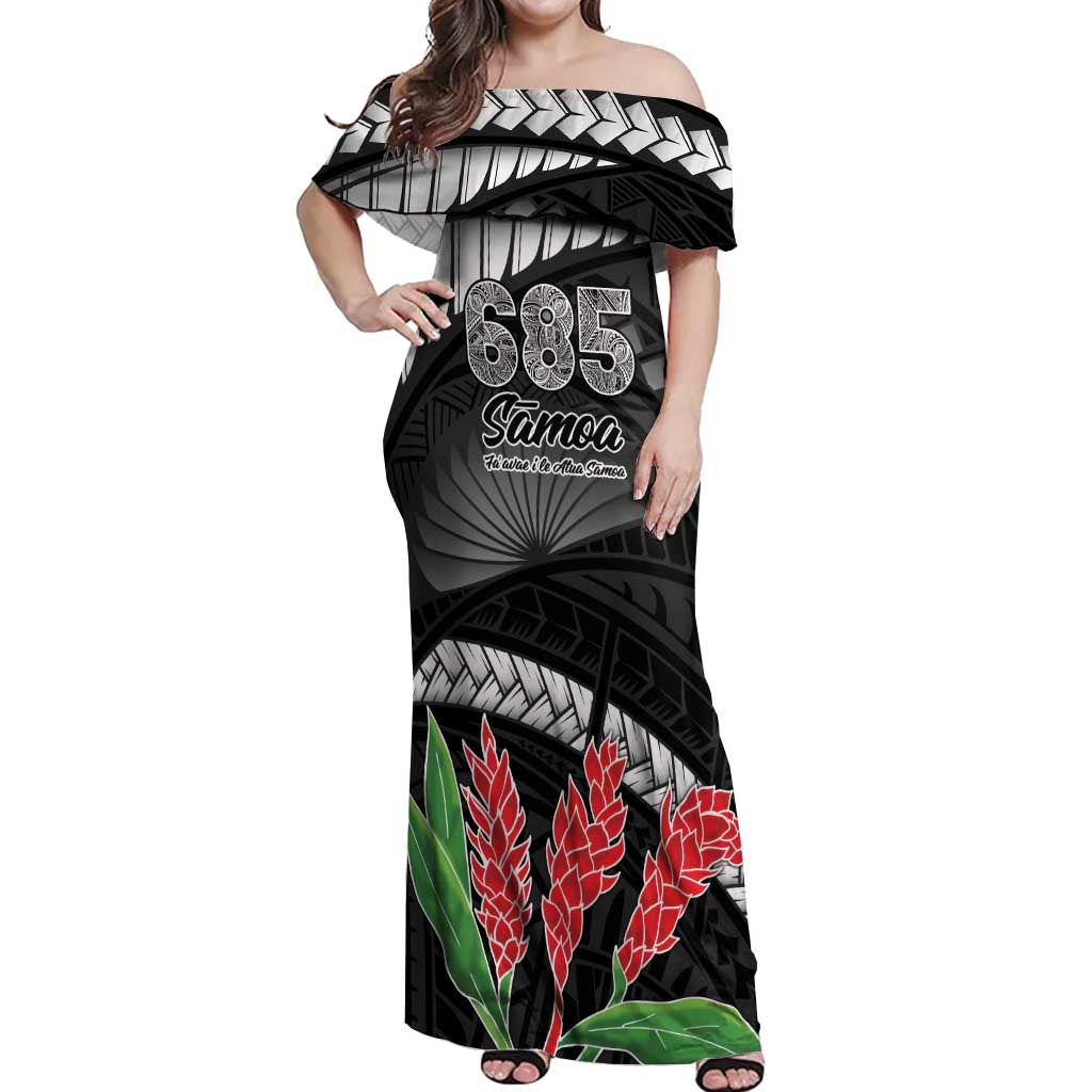 Personalised Samoa 685 Off Shoulder Maxi Dress Teuila Flower With Black Samoan Tattoo LT9 Women Black - Polynesian Pride