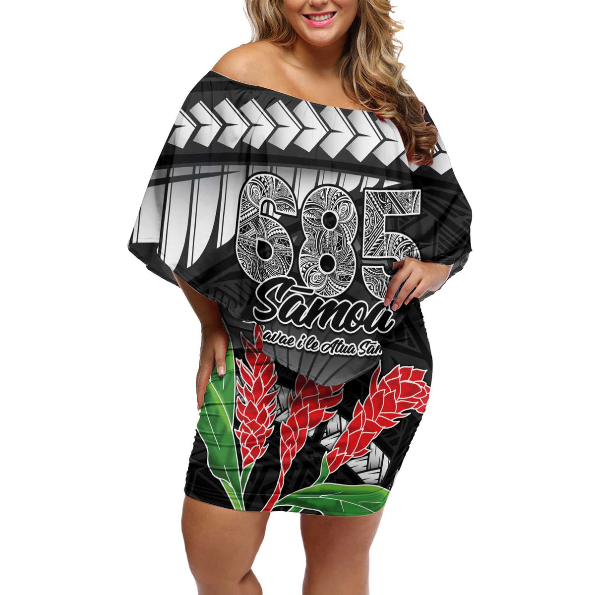 Personalised Samoa 685 Off Shoulder Short Dress Teuila Flower With Black Samoan Tattoo LT9 Women Black - Polynesian Pride