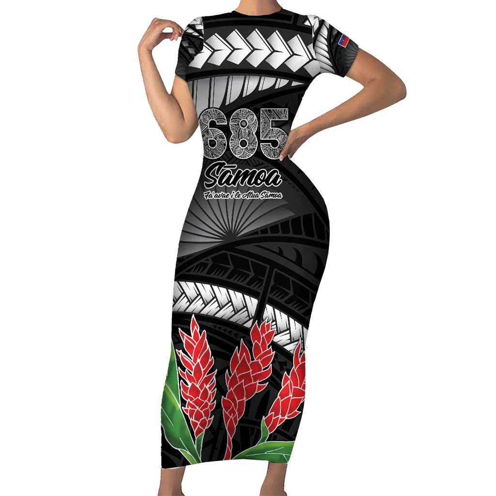 Personalised Samoa 685 Short Sleeve Bodycon Dress Teuila Flower With Black Samoan Tattoo LT9 Long Dress Black - Polynesian Pride