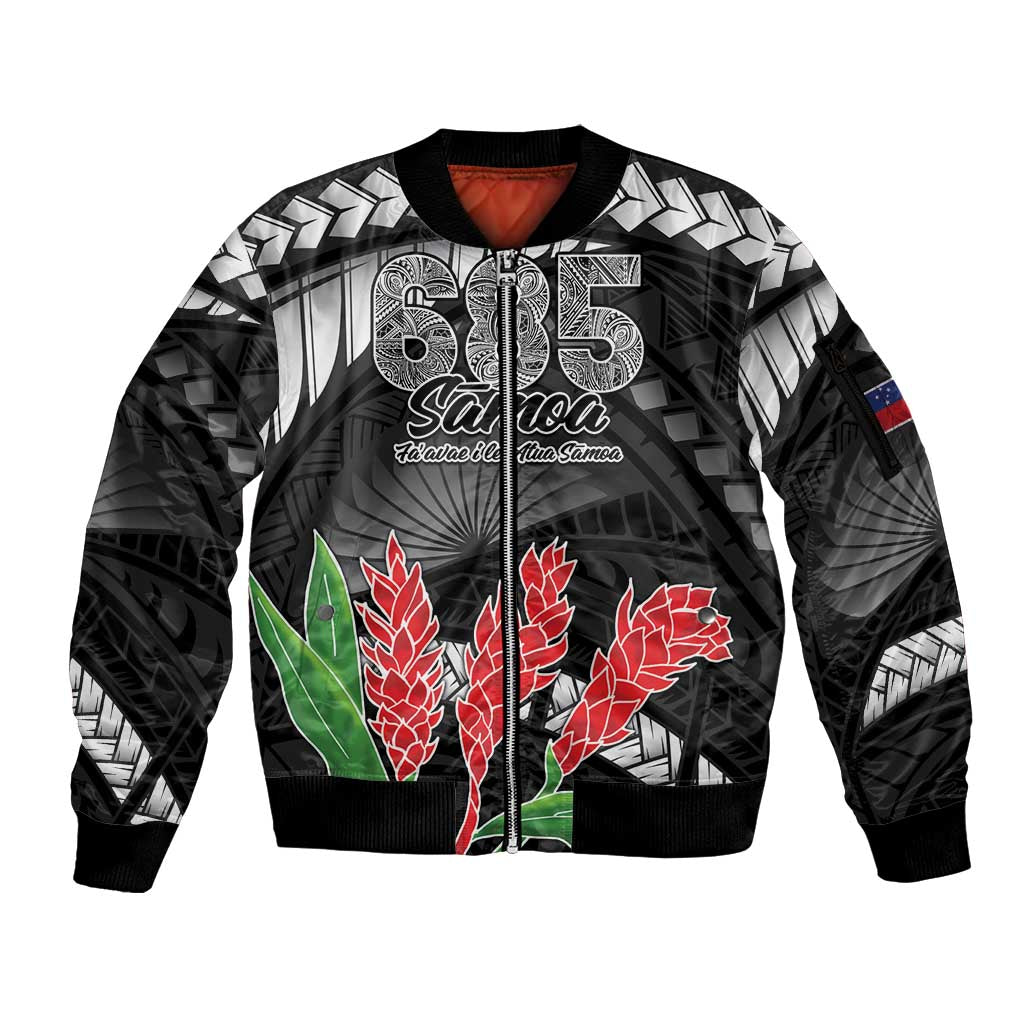 Personalised Samoa 685 Sleeve Zip Bomber Jacket Teuila Flower With Black Samoan Tattoo LT9 Unisex Black - Polynesian Pride