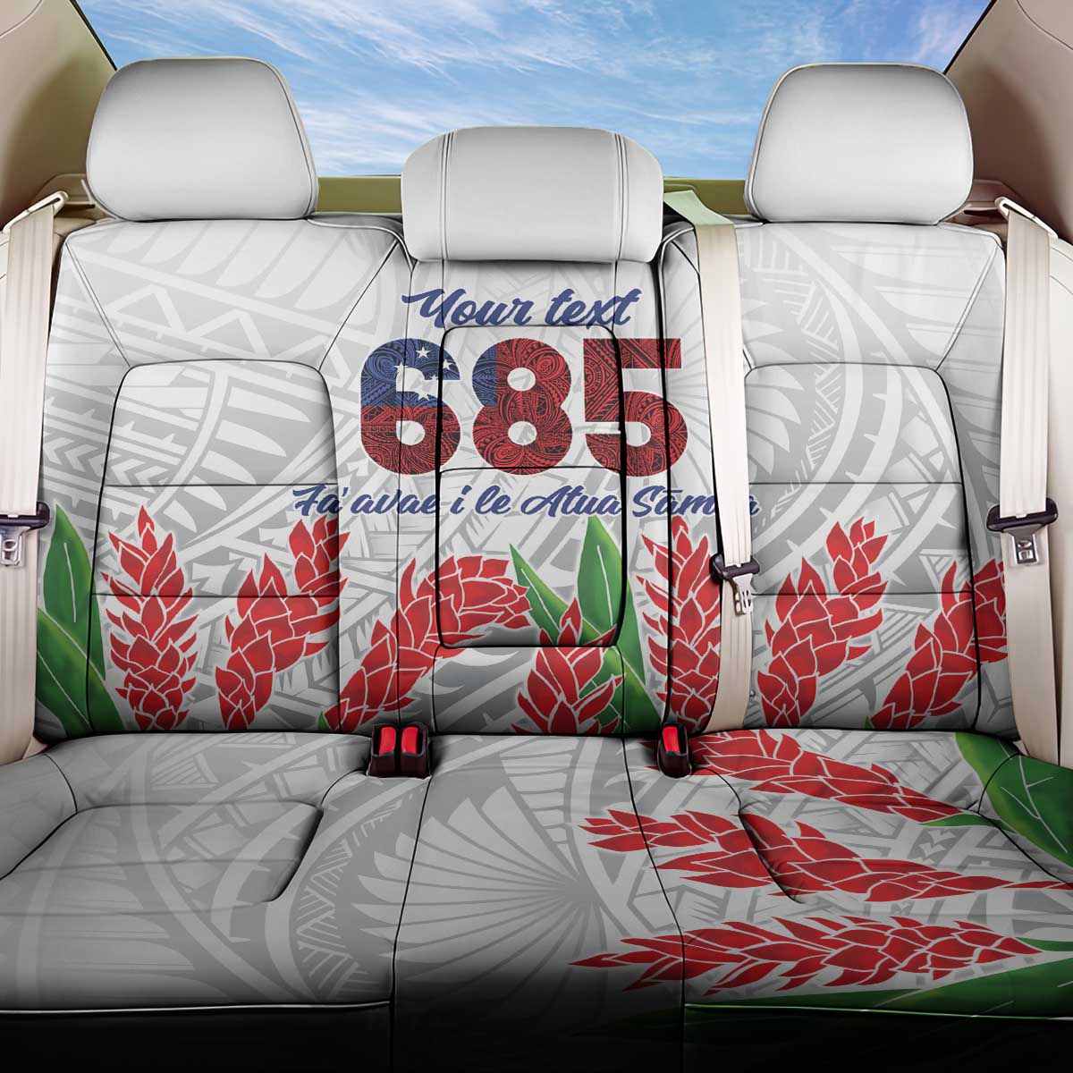 Personalised Samoa 685 Back Car Seat Cover Teuila Flower With White Samoan Tattoo LT9 One Size White - Polynesian Pride