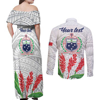 Personalised Samoa 685 Couples Matching Off Shoulder Maxi Dress and Long Sleeve Button Shirt Teuila Flower With White Samoan Tattoo LT9 - Polynesian Pride