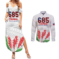 Personalised Samoa 685 Couples Matching Summer Maxi Dress and Long Sleeve Button Shirt Teuila Flower With White Samoan Tattoo LT9 White - Polynesian Pride