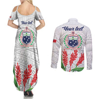 Personalised Samoa 685 Couples Matching Summer Maxi Dress and Long Sleeve Button Shirt Teuila Flower With White Samoan Tattoo LT9 - Polynesian Pride