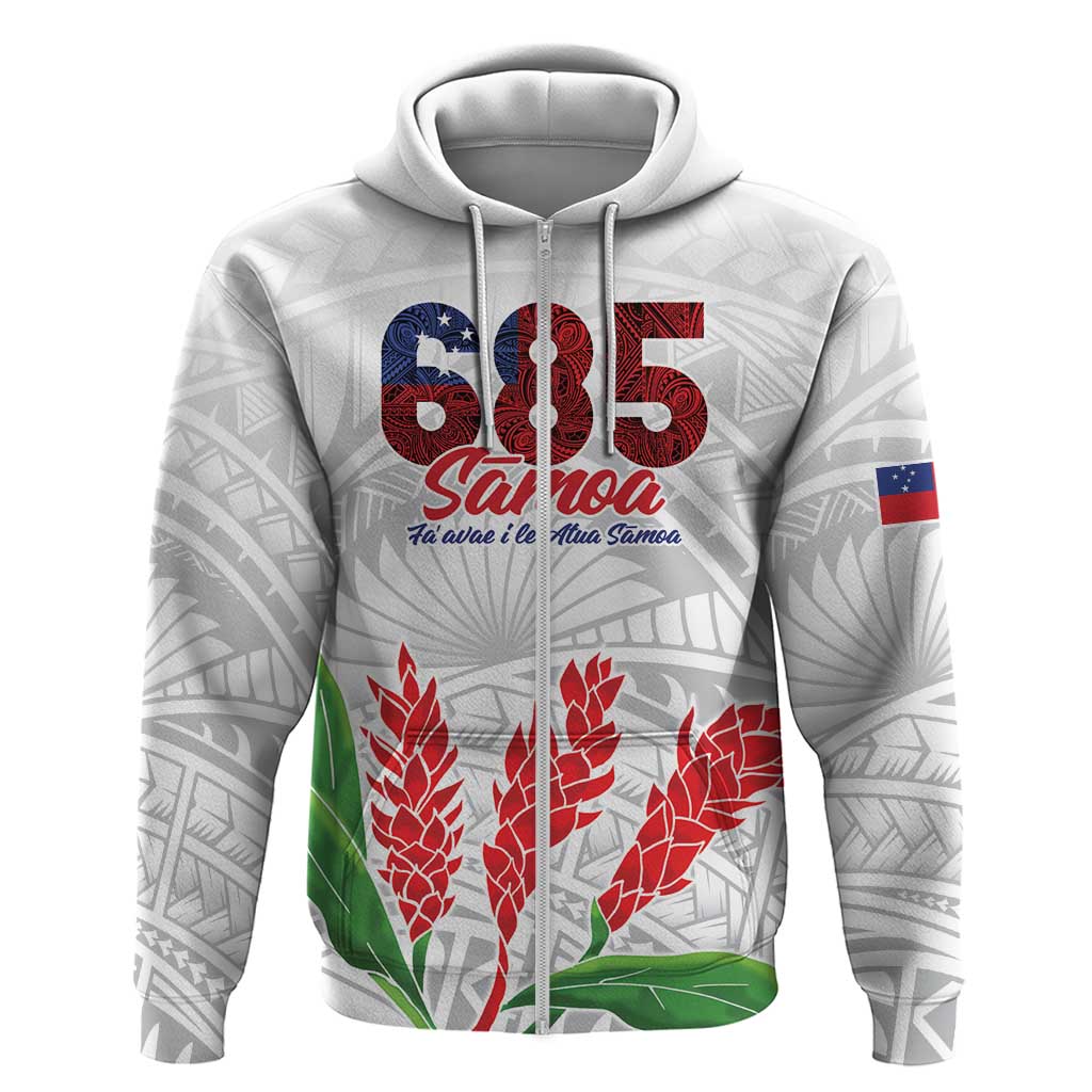 Personalised Samoa 685 Hoodie Teuila Flower With White Samoan Tattoo LT9 Zip Hoodie White - Polynesian Pride