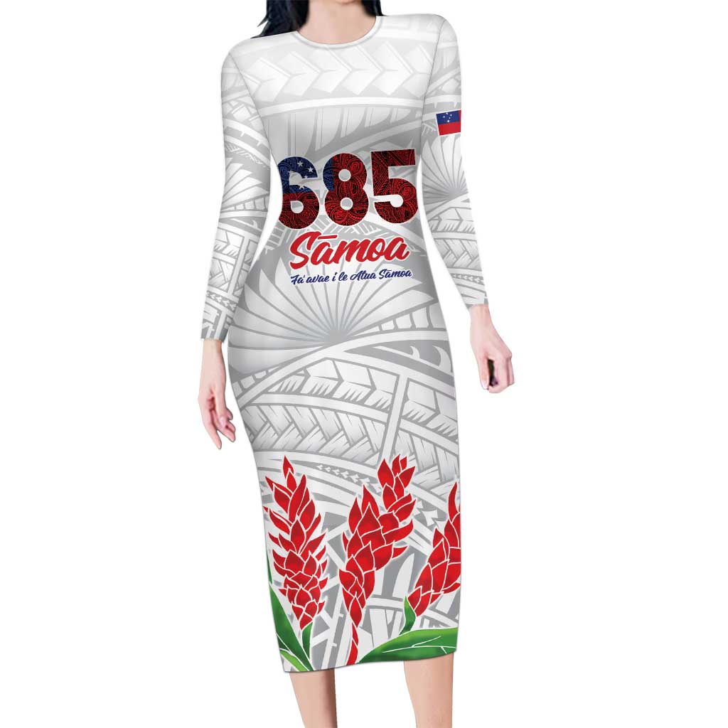 Personalised Samoa 685 Long Sleeve Bodycon Dress Teuila Flower With White Samoan Tattoo LT9 Long Dress White - Polynesian Pride