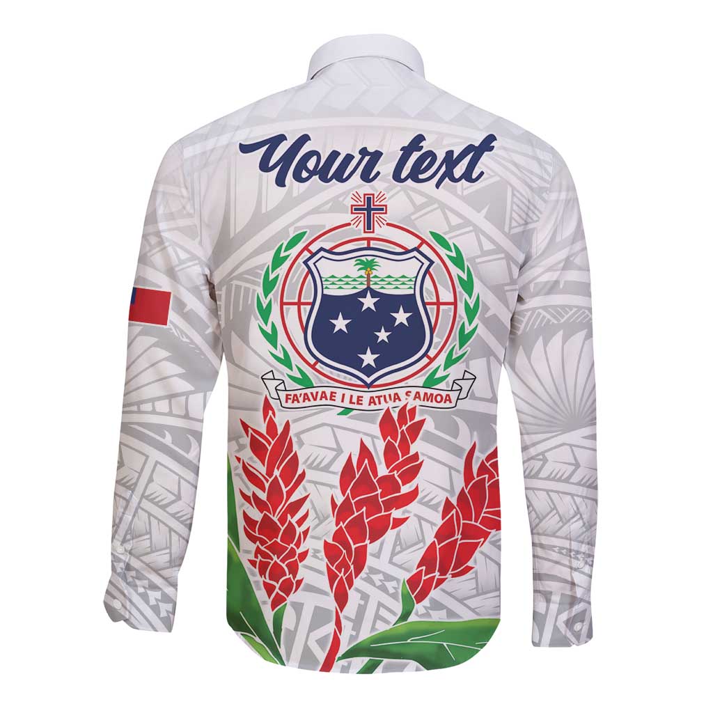 Personalised Samoa 685 Long Sleeve Button Shirt Teuila Flower With White Samoan Tattoo LT9 - Polynesian Pride