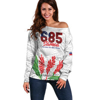 Personalised Samoa 685 Off Shoulder Sweater Teuila Flower With White Samoan Tattoo LT9 Women White - Polynesian Pride