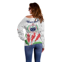 Personalised Samoa 685 Off Shoulder Sweater Teuila Flower With White Samoan Tattoo LT9 - Polynesian Pride