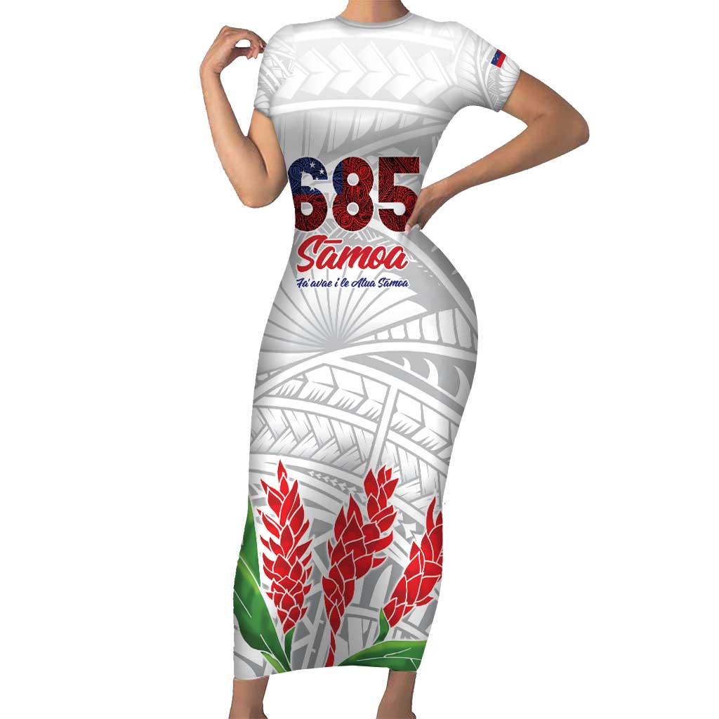 Personalised Samoa 685 Short Sleeve Bodycon Dress Teuila Flower With White Samoan Tattoo LT9 Long Dress White - Polynesian Pride