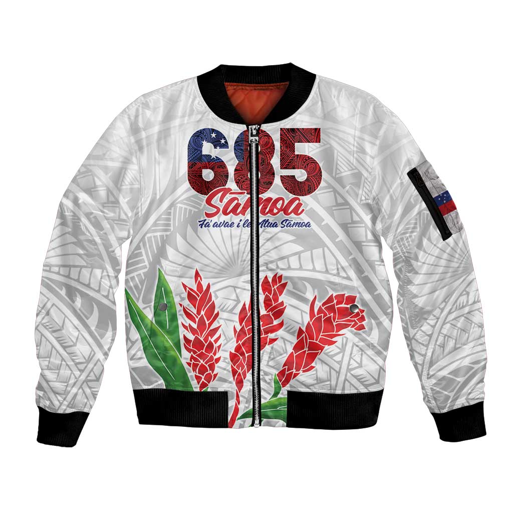 Personalised Samoa 685 Sleeve Zip Bomber Jacket Teuila Flower With White Samoan Tattoo LT9 Unisex White - Polynesian Pride