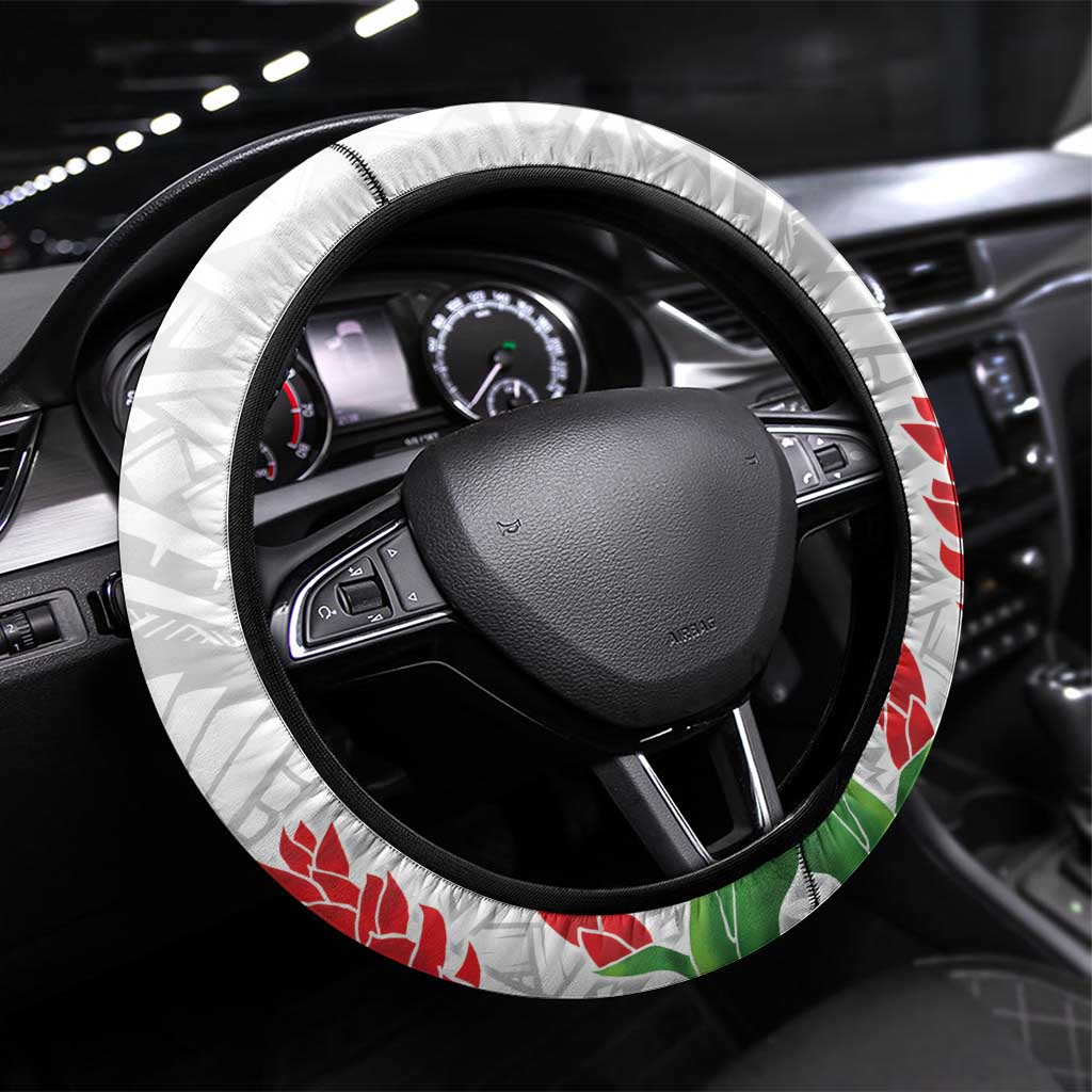 Samoa 685 Steering Wheel Cover Teuila Flower With White Samoan Tattoo LT9 Universal Fit White - Polynesian Pride