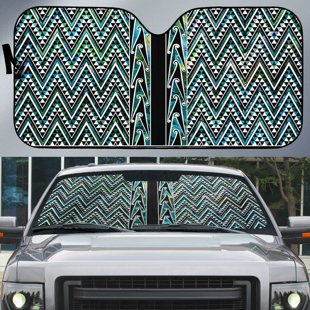 New Zealand Maori Niho Taniwha Auto Sun Shade Papua Shell - Mangopare Puhoro Pattern LT9 Green - Polynesian Pride