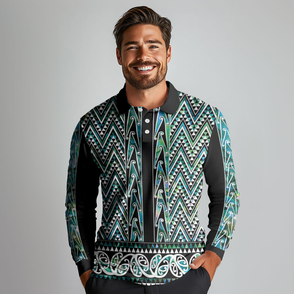 New Zealand Maori Niho Taniwha Long Sleeve Polo Shirt Papua Shell - Mangopare Puhoro Pattern LT9 - Polynesian Pride