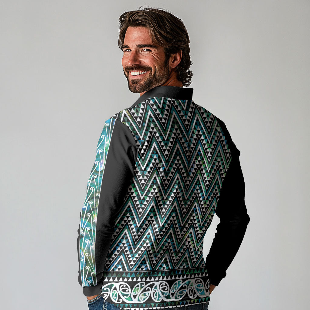 New Zealand Maori Niho Taniwha Long Sleeve Polo Shirt Papua Shell - Mangopare Puhoro Pattern LT9 - Polynesian Pride