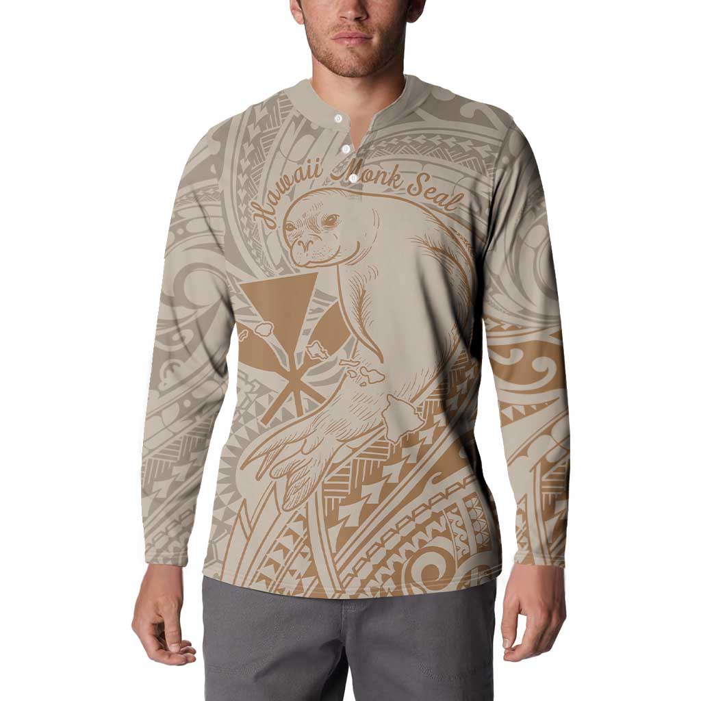 Hawaii Monk Seal and Map Button Sweatshirt Polynesian Kanaka Maoli Beige Vibe LT9 - Polynesian Pride