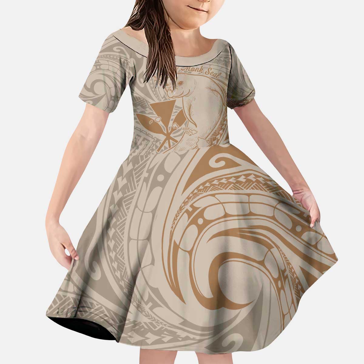 Hawaii Monk Seal and Map Kid Short Sleeve Dress Polynesian Kanaka Maoli Beige Vibe LT9 KID Beige - Polynesian Pride