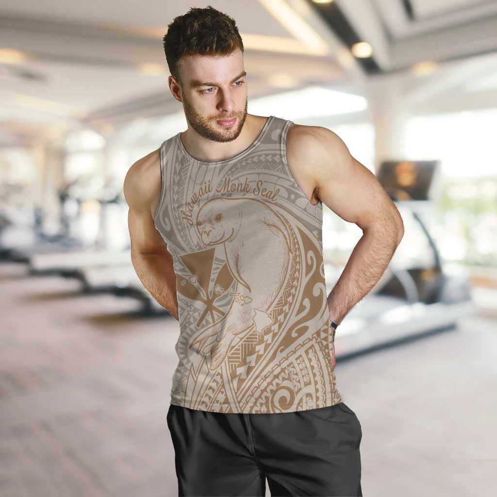 Hawaii Monk Seal and Map Men Tank Top Polynesian Kanaka Maoli Beige Vibe LT9 Beige - Polynesian Pride