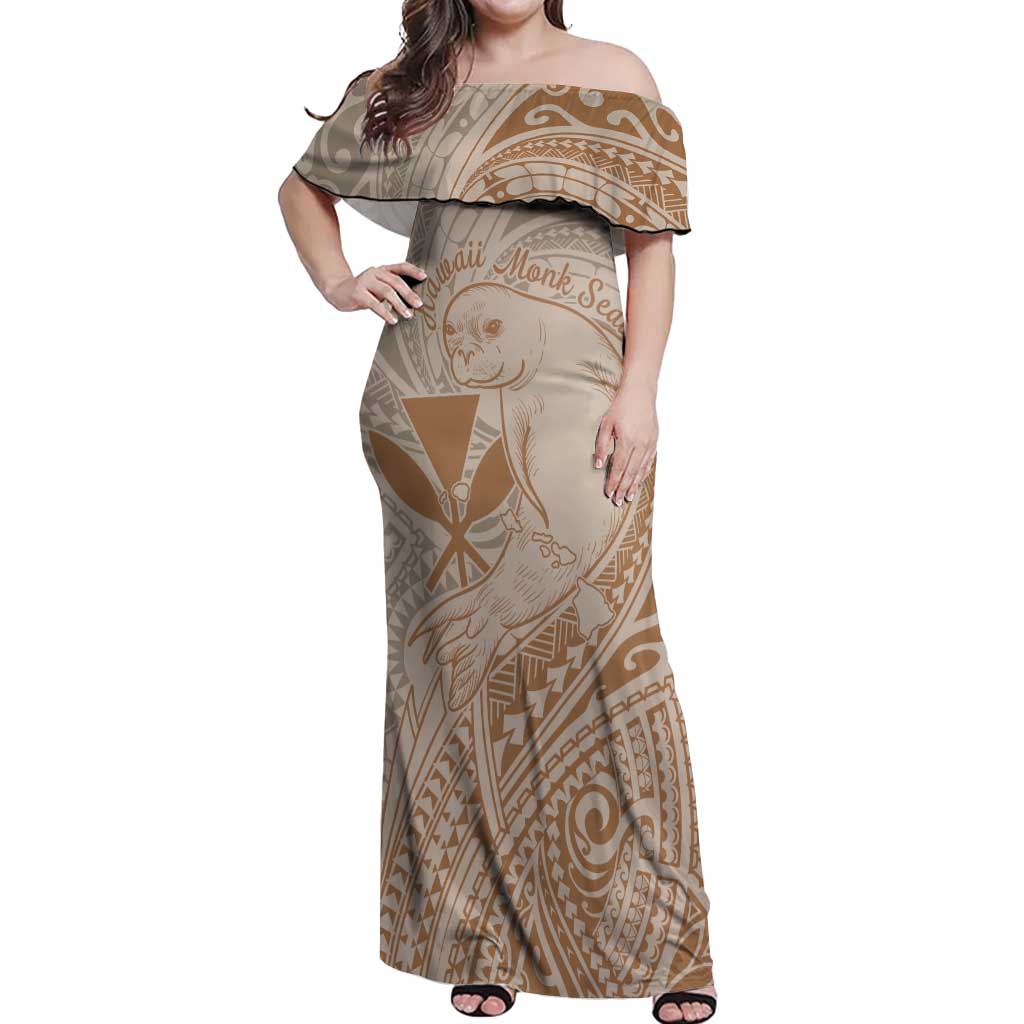 Hawaii Monk Seal and Map Off Shoulder Maxi Dress Polynesian Kanaka Maoli Beige Vibe LT9 Women Beige - Polynesian Pride