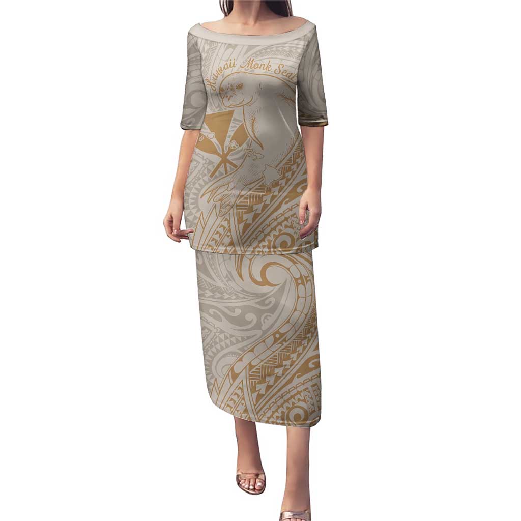 Hawaii Monk Seal and Map Puletasi Polynesian Kanaka Maoli Beige Vibe LT9 Long Dress Beige - Polynesian Pride