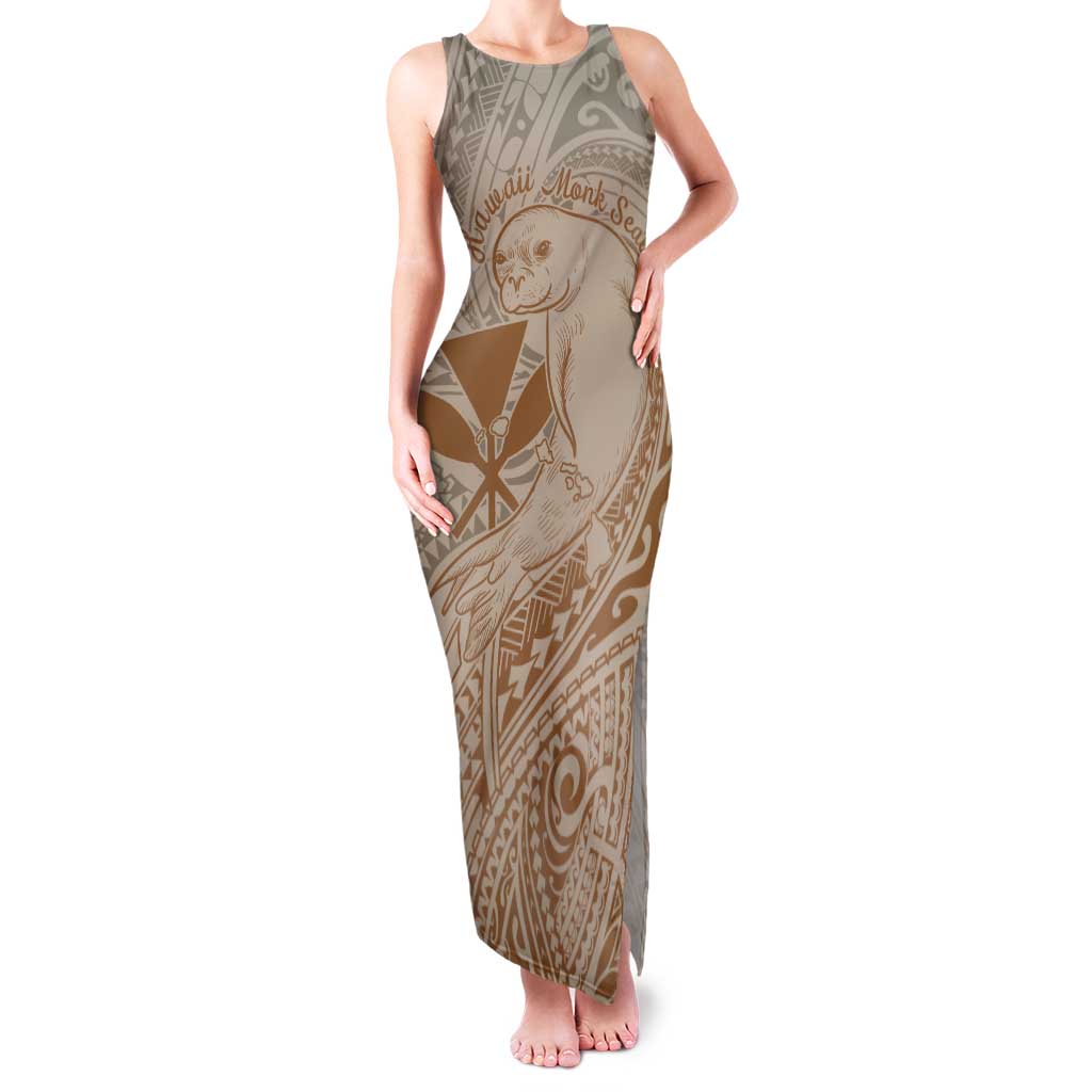 Hawaii Monk Seal and Map Tank Maxi Dress Polynesian Kanaka Maoli Beige Vibe LT9 Women Beige - Polynesian Pride