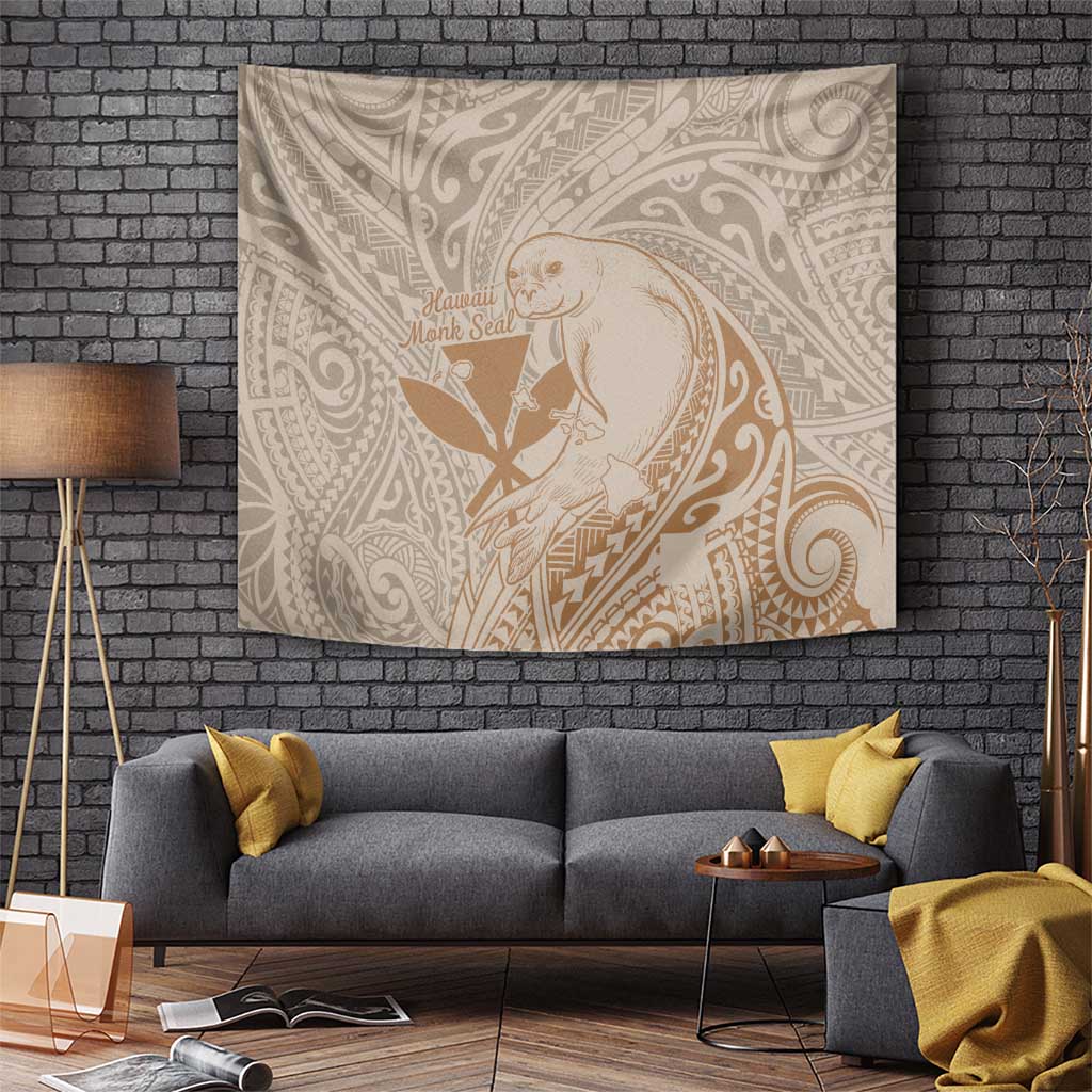 Hawaii Monk Seal and Map Tapestry Polynesian Kanaka Maoli Beige Vibe LT9 - Polynesian Pride