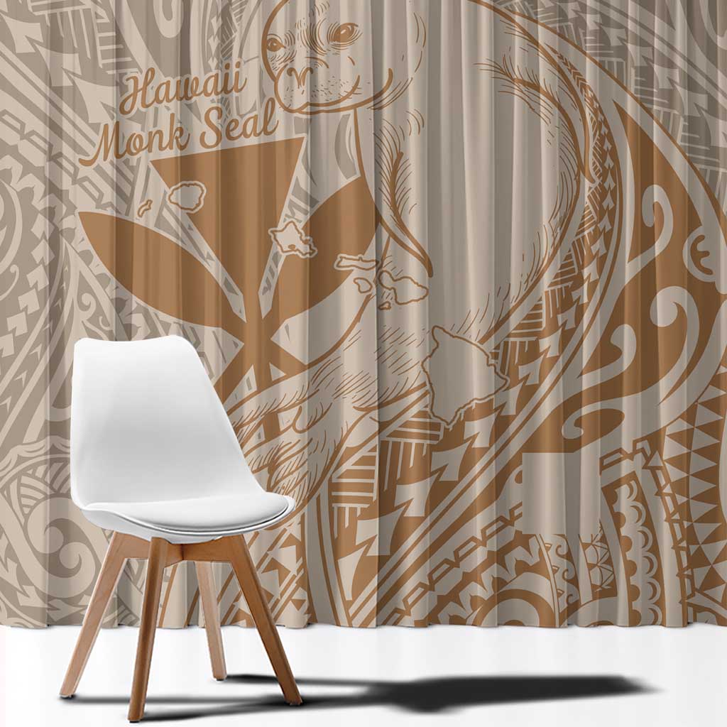 Hawaii Monk Seal and Map Window Curtain Polynesian Kanaka Maoli Beige Vibe LT9 - Polynesian Pride