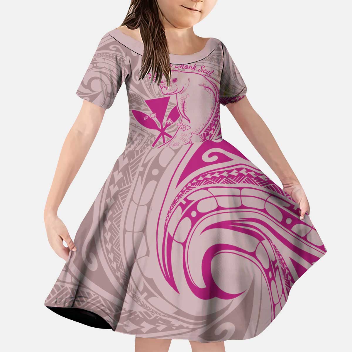 Hawaii Monk Seal and Map Kid Short Sleeve Dress Polynesian Kanaka Maoli Pink Vibe LT9 KID Pink - Polynesian Pride