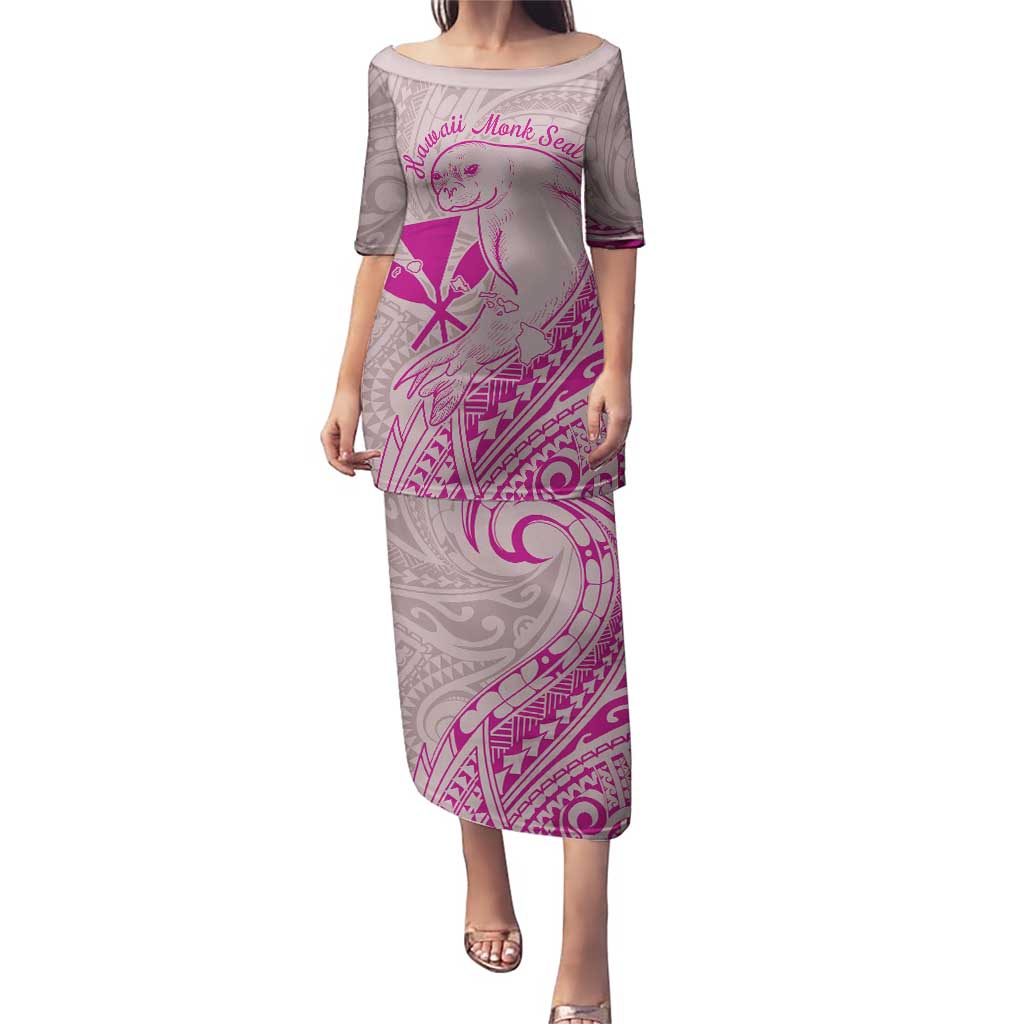 Hawaii Monk Seal and Map Puletasi Polynesian Kanaka Maoli Pink Vibe LT9 Long Dress Pink - Polynesian Pride