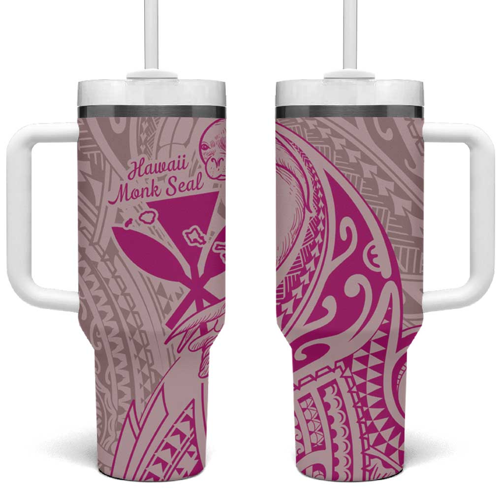 Hawaii Monk Seal and Map Tumbler With Handle Polynesian Kanaka Maoli Pink Vibe LT9 One Size: 40 oz Pink - Polynesian Pride
