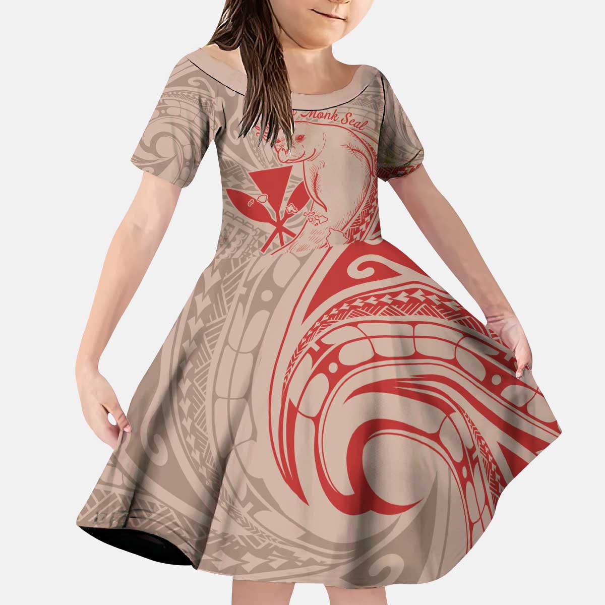 Hawaii Monk Seal and Map Kid Short Sleeve Dress Polynesian Kanaka Maoli Red Vibe LT9 KID Red - Polynesian Pride