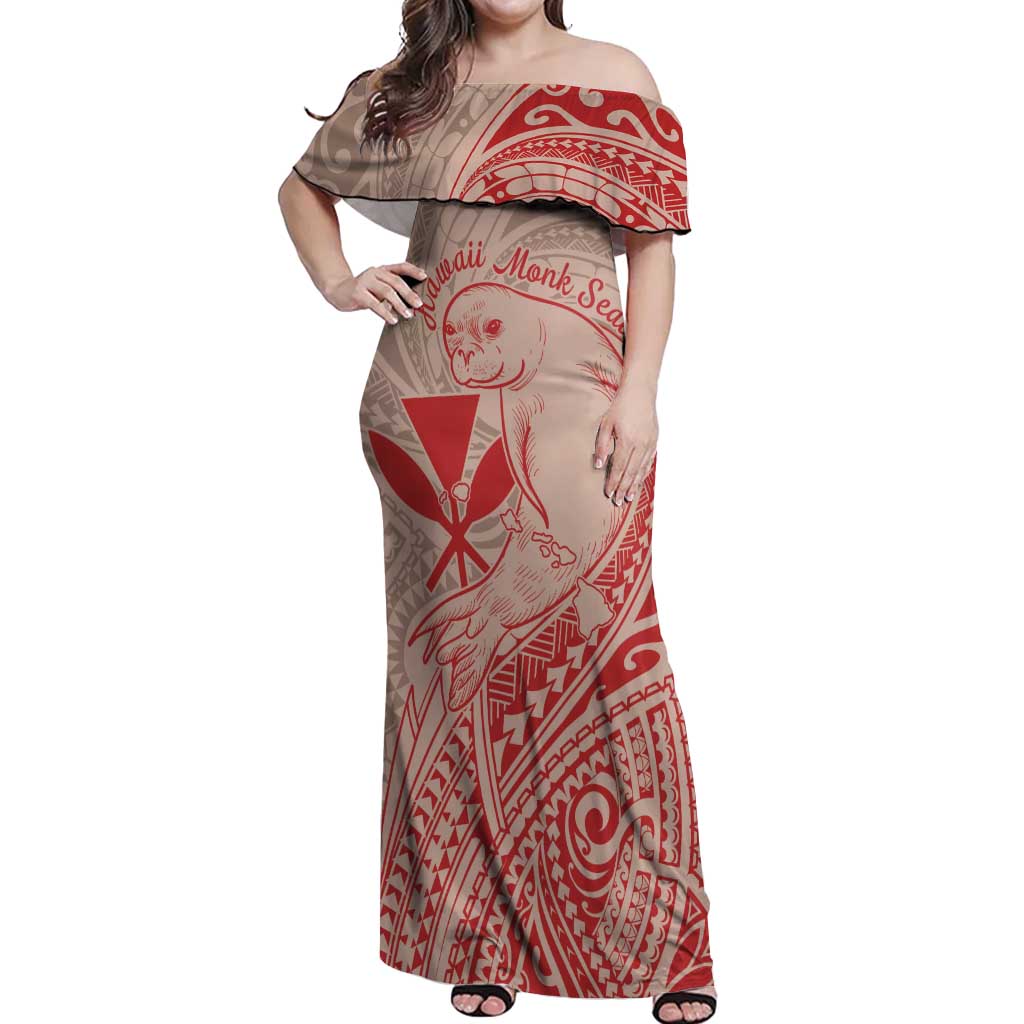 Hawaii Monk Seal and Map Off Shoulder Maxi Dress Polynesian Kanaka Maoli Red Vibe LT9 Women Red - Polynesian Pride