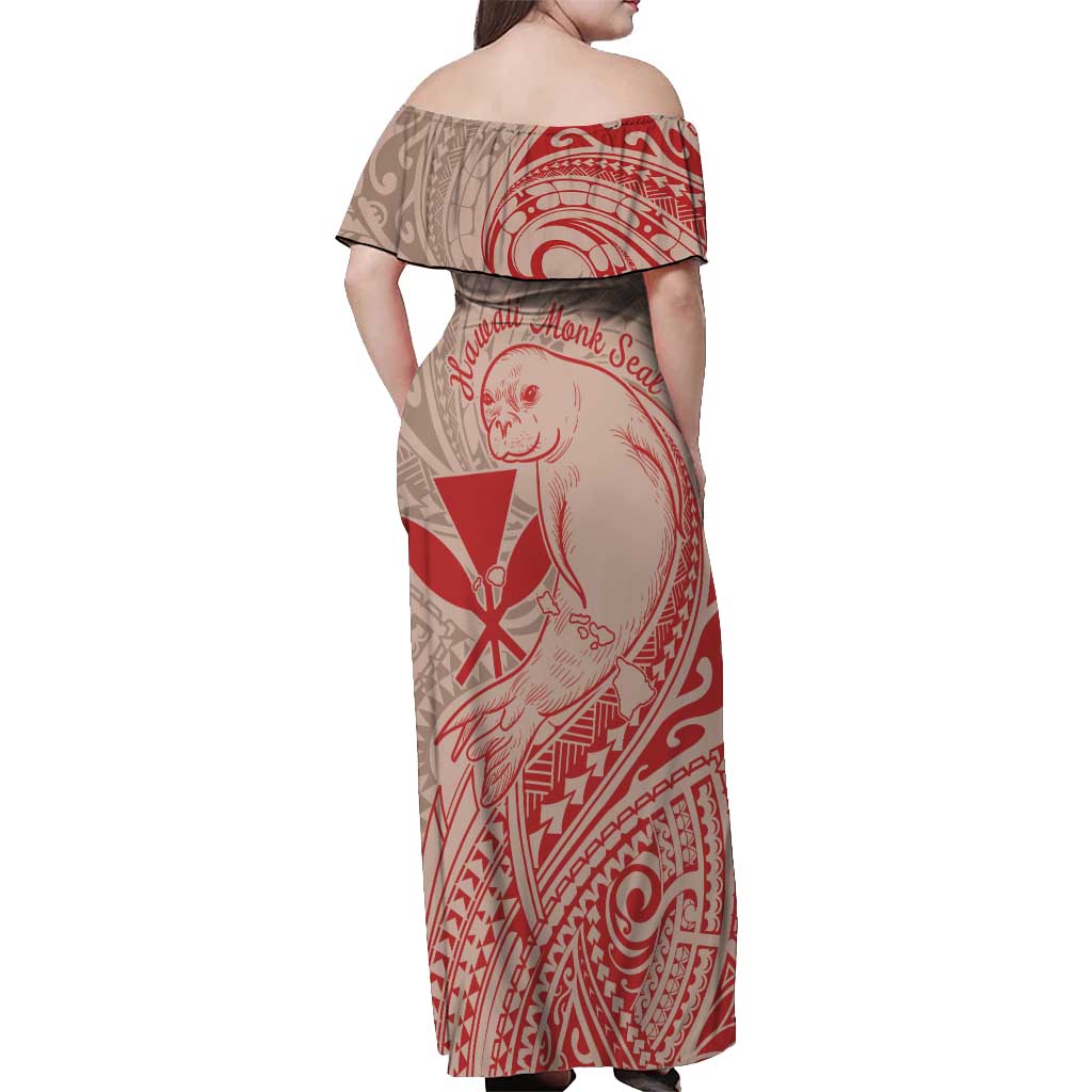 Hawaii Monk Seal and Map Off Shoulder Maxi Dress Polynesian Kanaka Maoli Red Vibe LT9 - Polynesian Pride