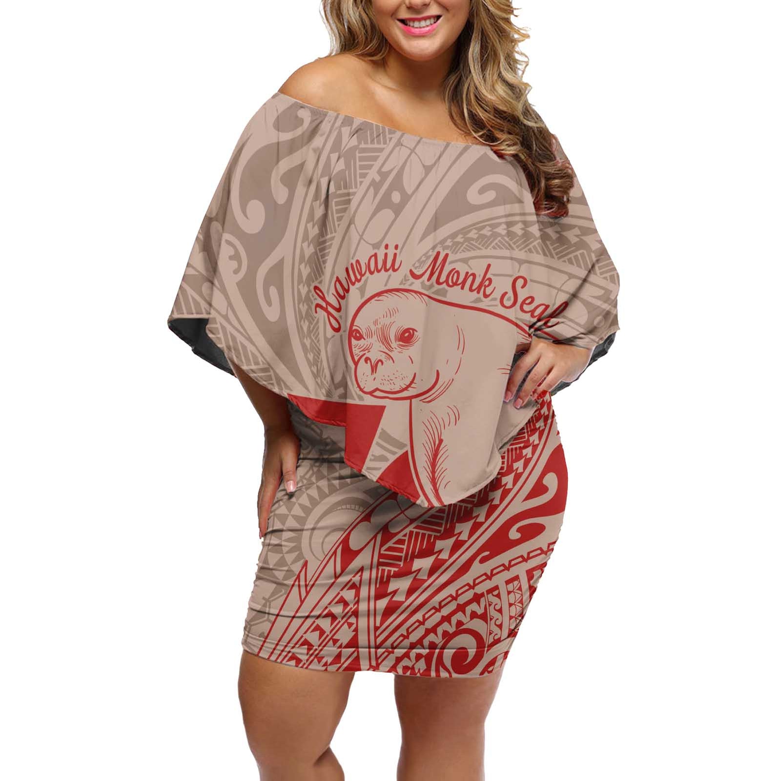 Hawaii Monk Seal and Map Off Shoulder Short Dress Polynesian Kanaka Maoli Red Vibe LT9 Women Red - Polynesian Pride