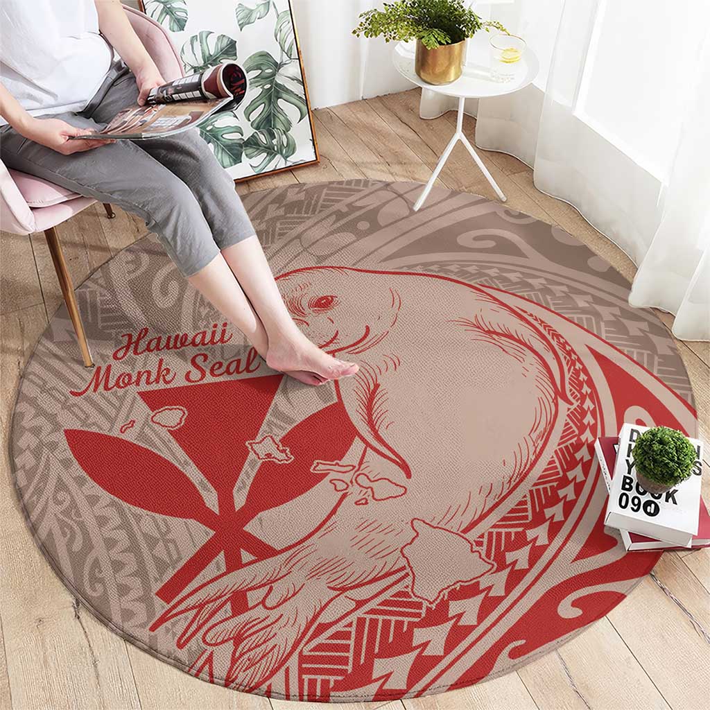 Hawaii Monk Seal and Map Round Carpet Polynesian Kanaka Maoli Red Vibe LT9 - Polynesian Pride