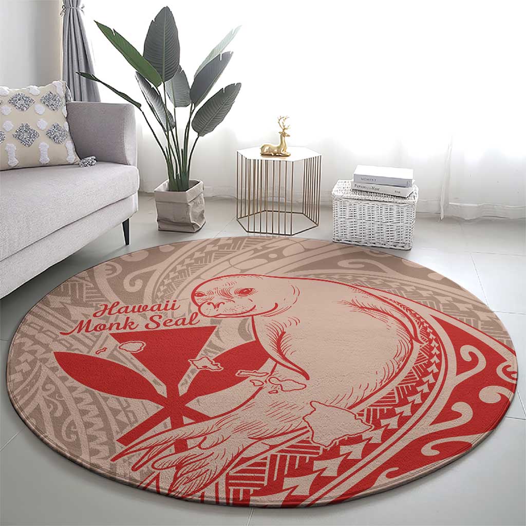 Hawaii Monk Seal and Map Round Carpet Polynesian Kanaka Maoli Red Vibe LT9 - Polynesian Pride