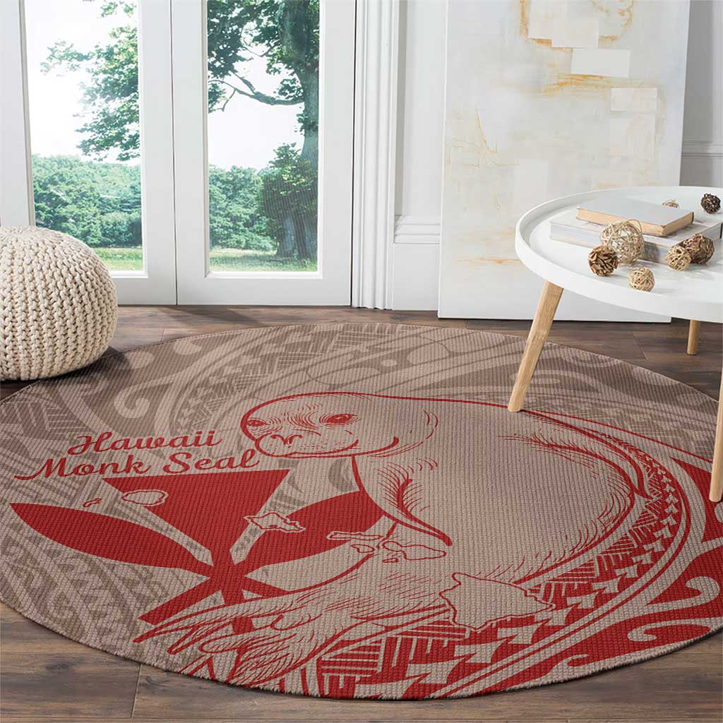 Hawaii Monk Seal and Map Round Carpet Polynesian Kanaka Maoli Red Vibe LT9 - Polynesian Pride