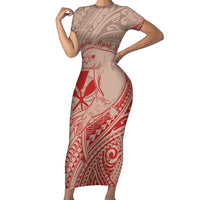 Hawaii Monk Seal and Map Short Sleeve Bodycon Dress Polynesian Kanaka Maoli Red Vibe LT9 Long Dress Red - Polynesian Pride