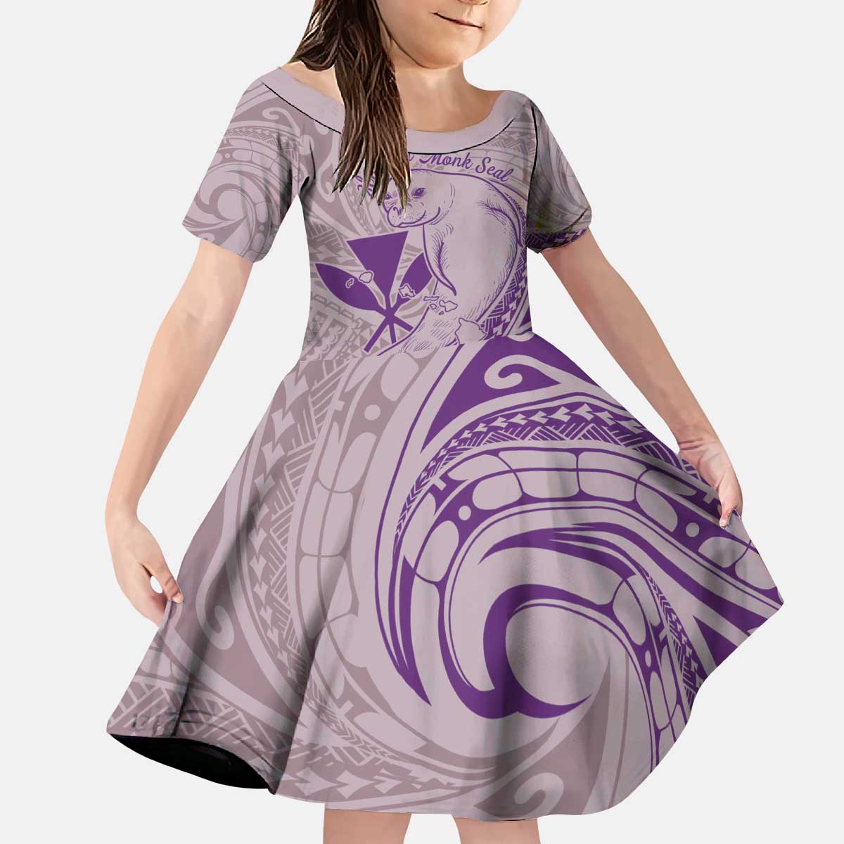 Hawaii Monk Seal and Map Kid Short Sleeve Dress Polynesian Kanaka Maoli Violet Vibe LT9 KID Violet - Polynesian Pride