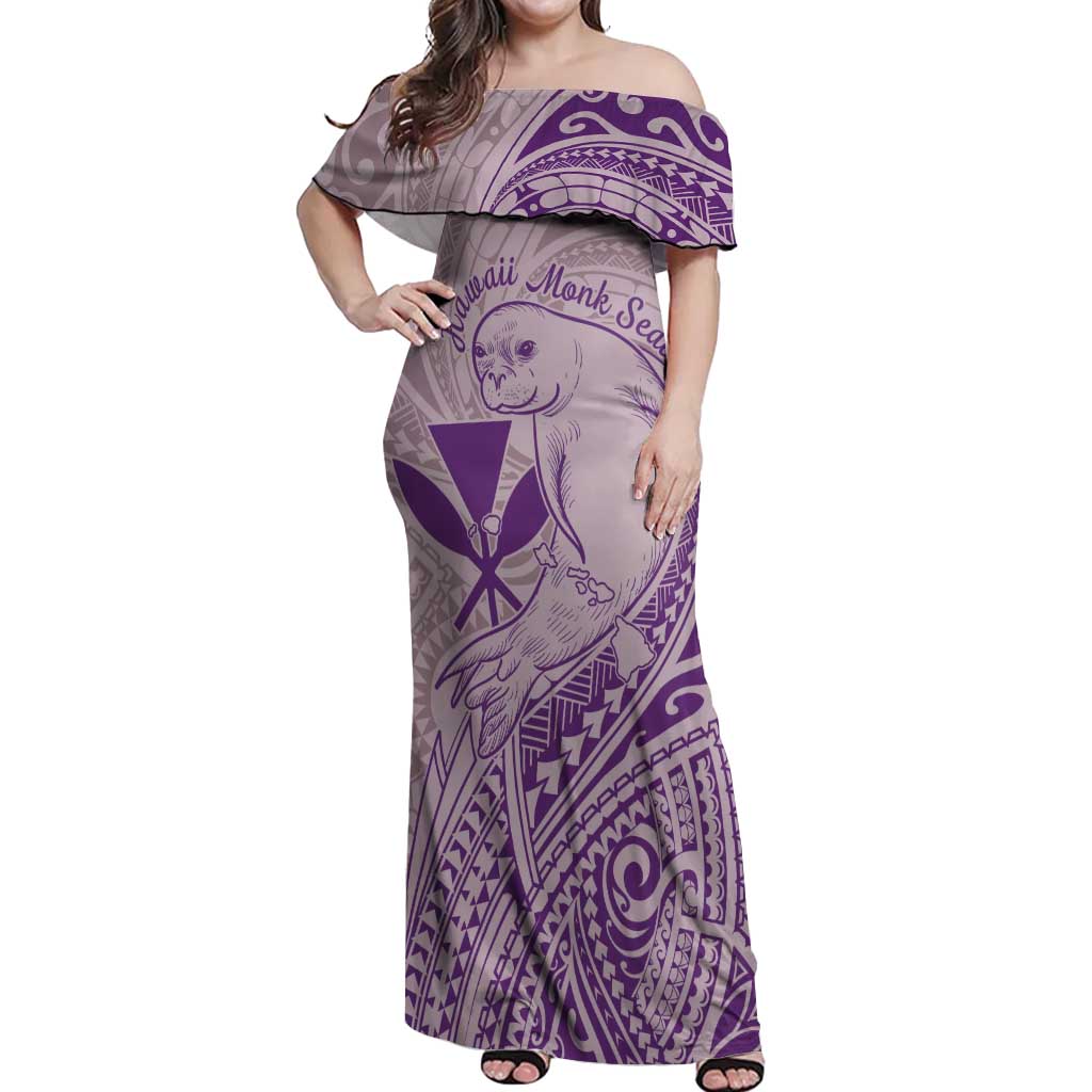 Hawaii Monk Seal and Map Off Shoulder Maxi Dress Polynesian Kanaka Maoli Violet Vibe LT9 Women Violet - Polynesian Pride