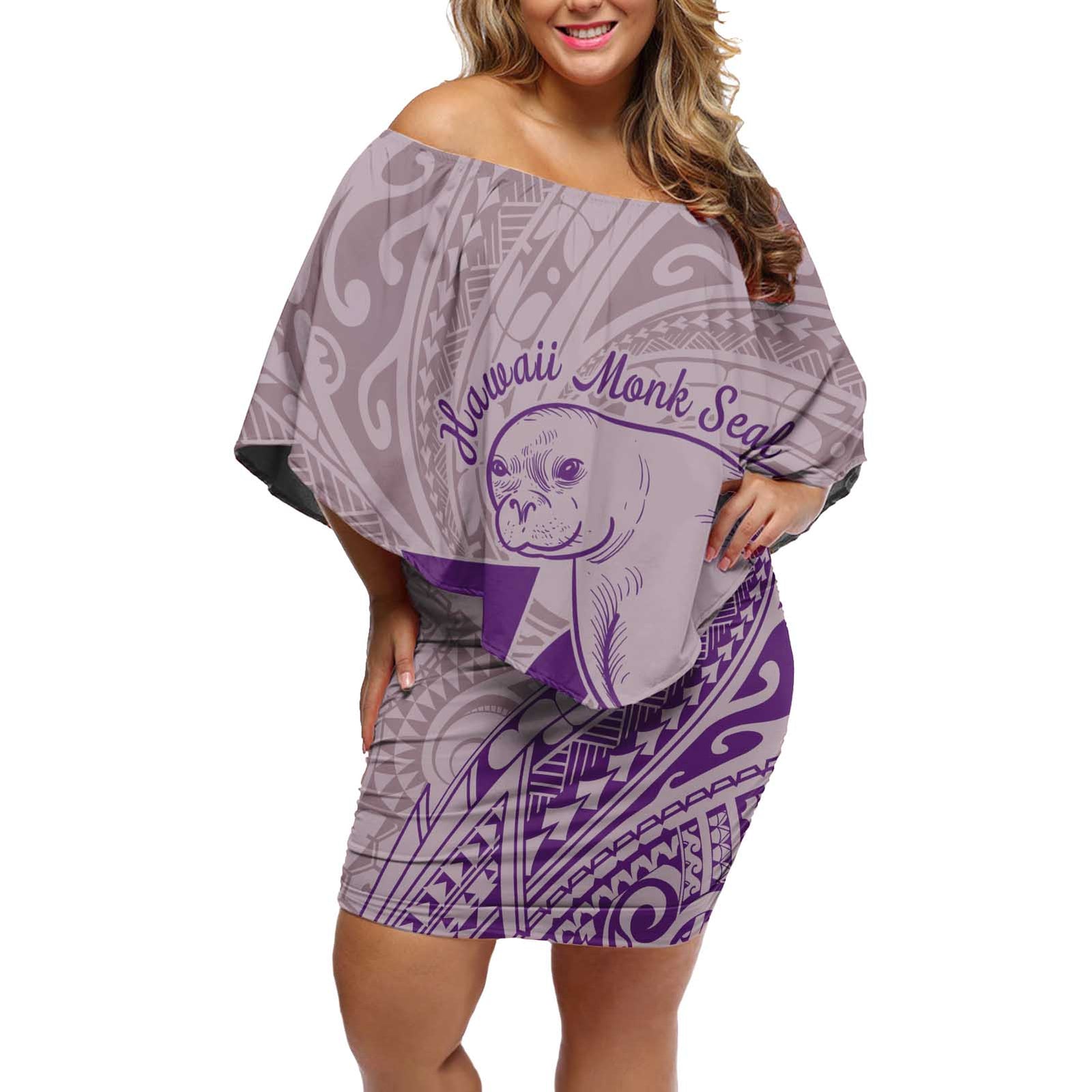 Hawaii Monk Seal and Map Off Shoulder Short Dress Polynesian Kanaka Maoli Violet Vibe LT9 Women Violet - Polynesian Pride