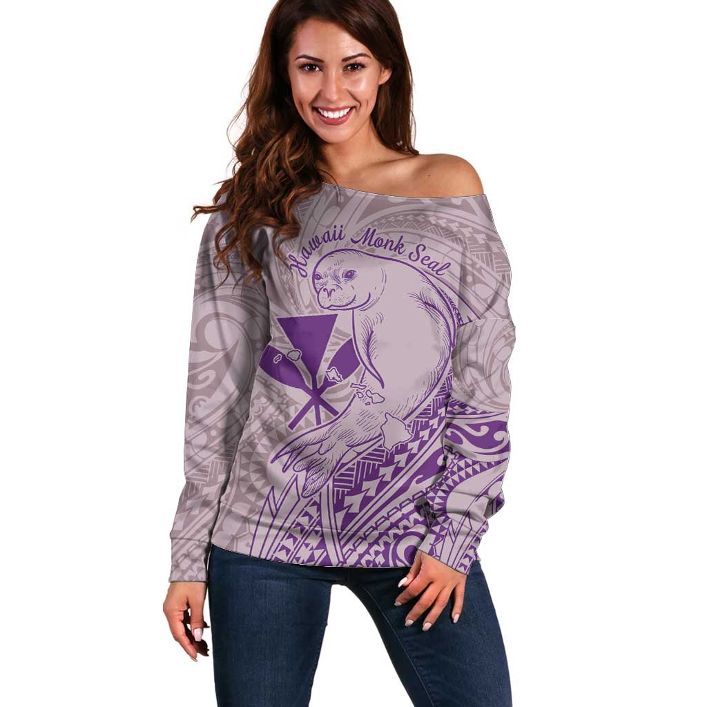 Hawaii Monk Seal and Map Off Shoulder Sweater Polynesian Kanaka Maoli Violet Vibe LT9 Women Violet - Polynesian Pride