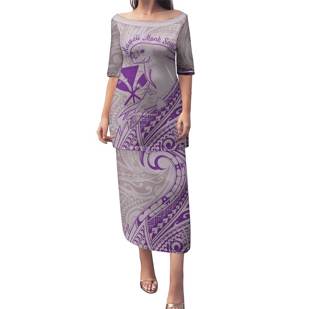 Hawaii Monk Seal and Map Puletasi Polynesian Kanaka Maoli Violet Vibe LT9 Long Dress Violet - Polynesian Pride