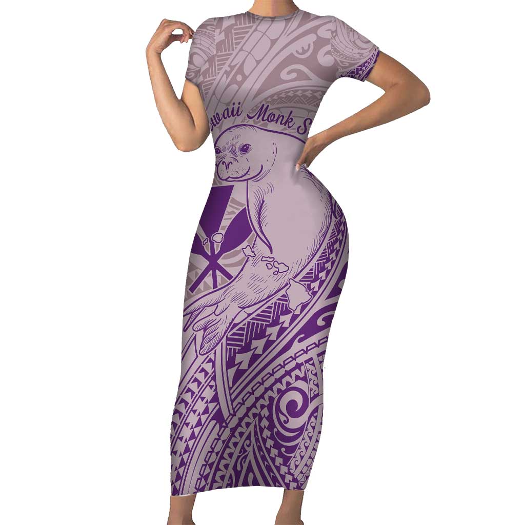 Hawaii Monk Seal and Map Short Sleeve Bodycon Dress Polynesian Kanaka Maoli Violet Vibe LT9 Long Dress Violet - Polynesian Pride